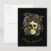 Gotische schedel Zwart & Goud Glitter Rozen Hallow Feestdagenkaart (Voorkant / Achterkant)