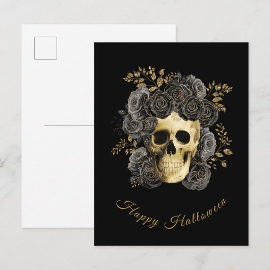 Gotische schedel Zwart & Goud Glitter Rozen Hallow Feestdagenkaart (Voorkant / Achterkant)