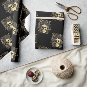 Gotische schedel Zwart & Goud Rozen Cadeaupapier