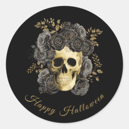 Gotische schedel Zwart & Goud Rozen Halloween Ronde Sticker