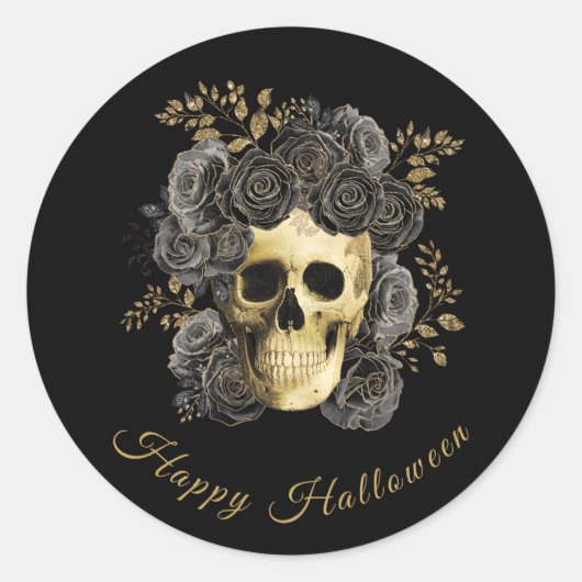 Gotische schedel Zwart & Goud Rozen Halloween Ronde Sticker (Voorkant)