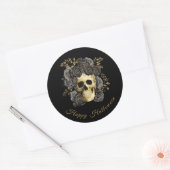 Gotische schedel Zwart & Goud Rozen Halloween Ronde Sticker (Envelop)