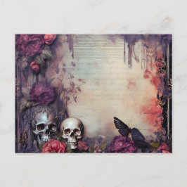 Gotische schedel zwart vlinder bloemen Halloween Feestdagenkaart