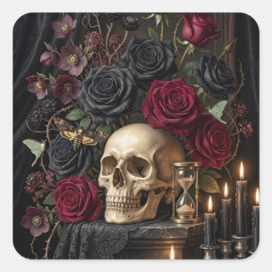 Gotische Schedel Zwarte Rozen Donker Victoriaans H Vierkante Sticker