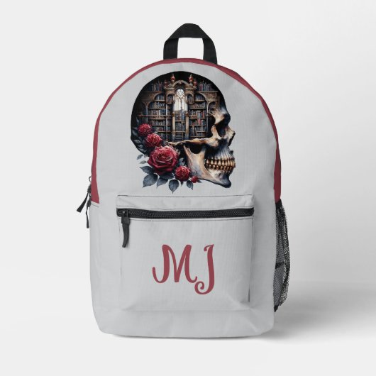 Gotische schedelbibliotheek boeken rode rozen gepe bedrukte rugzak (Voorkant)