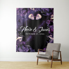 Gotische schedels en donkerpaarse rozen huwelijksd wandkleed