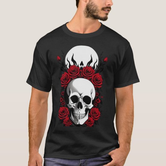 Gotische schedels en rode bloemen Basic Dark T-Shi T-shirt (Voorkant)