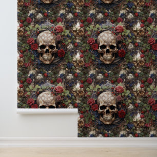 Gotische schedels en rode rozen Bloemen Keltische Behang