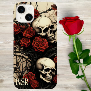 Gotische schedels en rode rozen Monogram Case-Mate iPhone 14 Hoesje