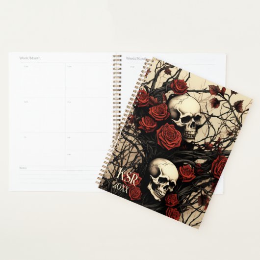 Gotische schedels en rode rozen monogram planner (Display)