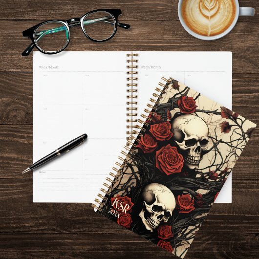 Gotische schedels en rode rozen Monogram Planner