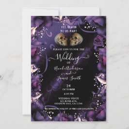 Gotische schedels & paarse rozen Halloween-bruilof Kaart