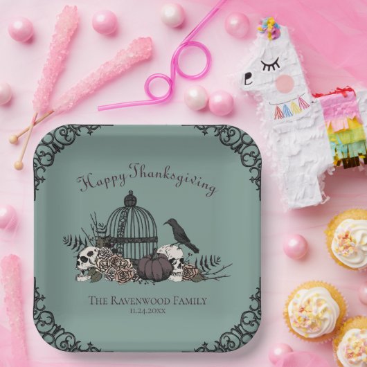 Gotische schedels, pompoen & herfstbladeren Thanks Papieren Bordje (Feest)
