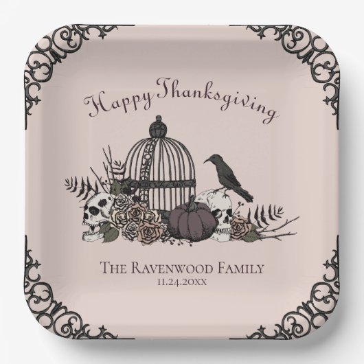 Gotische schedels, pompoen & herfstbladeren Thanks Papieren Bordje (Voorkant)