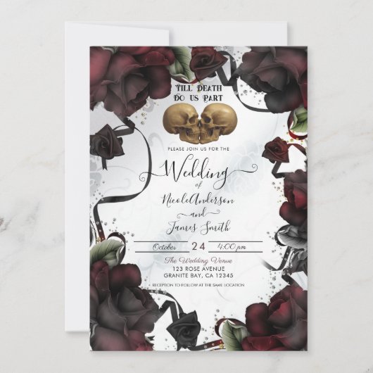 Gotische schedels Rode rozen Witte Halloween bruil Kaart (Voorkant)
