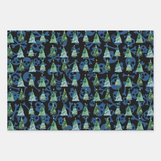Gotische schedels Rood Paarse Blauwe Kerstbomen Inpakpapier Vel (Voorkant 3)
