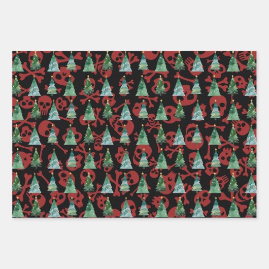 Gotische schedels Rood Paarse Blauwe Kerstbomen Inpakpapier Vel (Voorkant)