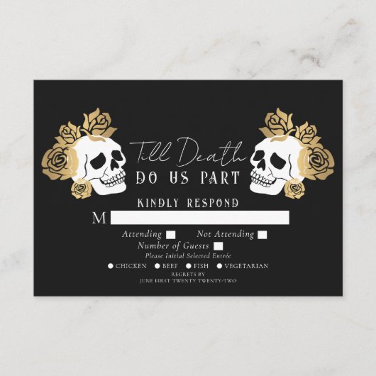 Gotische schedels tot de dood bruiloft RSVP Informatiekaartje (Voorkant)