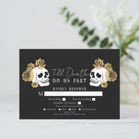 Gotische schedels tot de dood bruiloft RSVP Informatiekaartje (Staand voorkant)