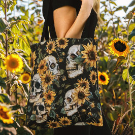 Gotische Schedels & Zonnebloemen Donkere Bloemen Tote Bag