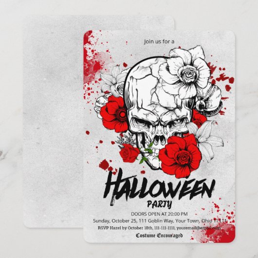 Gotische schets schedel rode roos Halloween-feest Kaart (Voorkant / Achterkant)
