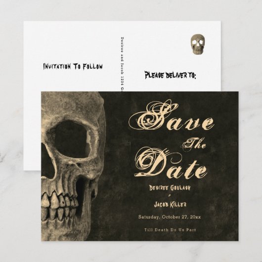 Gotische sepia halve schedel hoofd  Save the Date Uitnodiging Briefkaart (Voorkant / Achterkant)