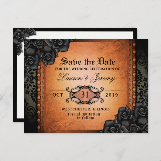 Gotische Sinaasappel & Zwart Halloween Save Date B Aankondigingskaart (Voorkant / Achterkant)
