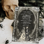 Gotische Skelet Bruid & bruidegom Bruiloft Kaart<br><div class="desc">Dark en Moody "Til death do us part" Gothic bruiloft uitnodigingen met bruid en bruidegom skeletten. Beschikt over een skelet bruid met wit bloemboeket en bruidegom in een gotische ovale boog spookhal. Perfect voor een Halloween, dag van de dood, "dood doen ons deel", nacht onder de sterren, kosmische, horoscoop, gothic...</div>