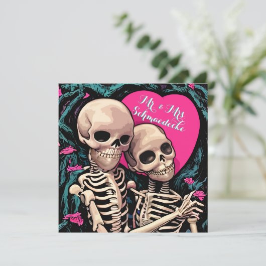 Gotische Skelet Bruiloft Dank u Kaarten Roze Blauw (Staand voorkant)