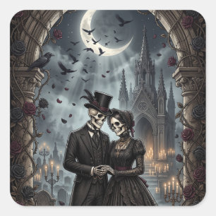 Gotische Skelet Koppel Donkere Romantiek Rozen Vierkante Sticker