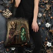 Gotische skelet met groot boek tote bag