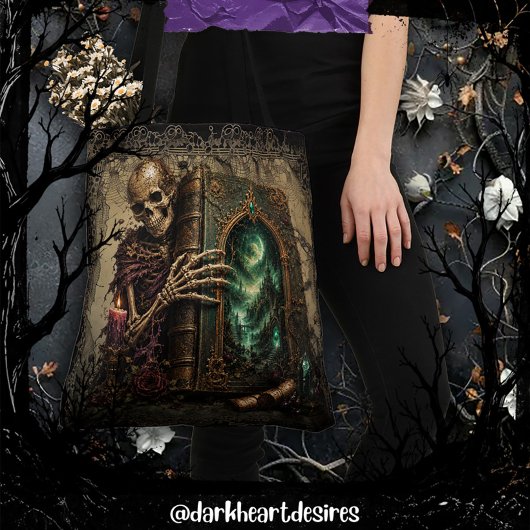 Gotische skelet met groot boek tote bag