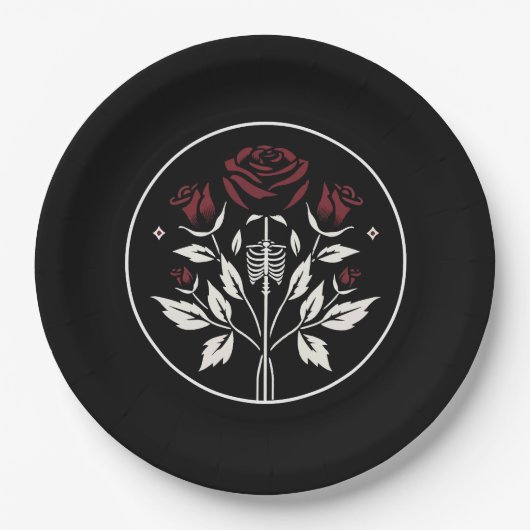 Gotische skelet rib rozen Zwart Elegant Bruiloft Papieren Bordje (Voorkant)