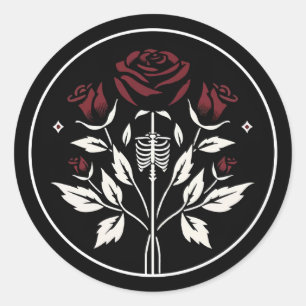 Gotische Skelet Rib Rozen Zwarte Elegante Trouwdag Ronde Sticker