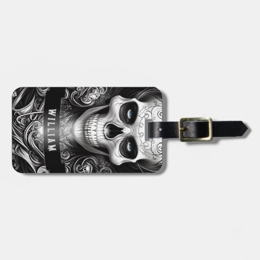 Gotische Skelet Skull Zwart-wit Naam Bagagelabel (Voorkant horizontaal)