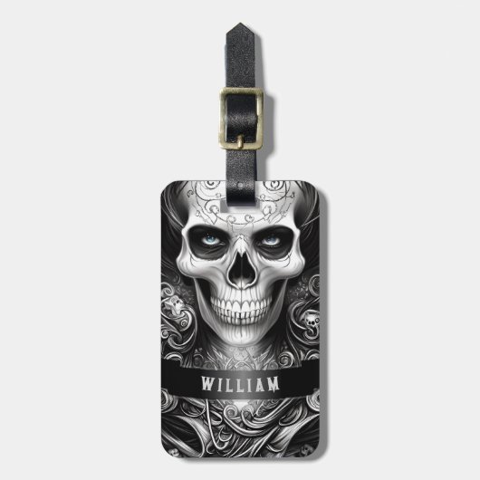 Gotische Skelet Skull Zwart-wit Naam Bagagelabel (Voorkant verticaal)