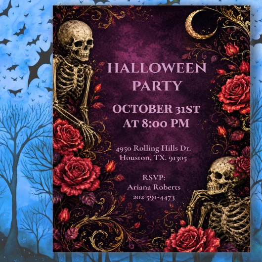 Gotische skeletrozen Halloween-feest Kaart