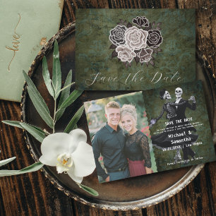 Gotische Skeletten Bloemen Elegante Foto Bruiloft Save The Date