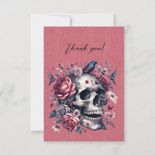 Gotische Skull Vogels Bloemen Op Rode Roos Dank U Bedankkaart (Voorkant)