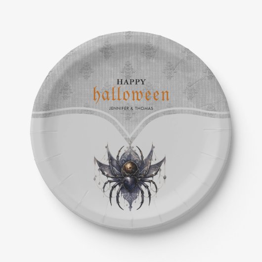 Gotische spin en damast patroon Halloween feest Papieren Bordje (Voorkant)