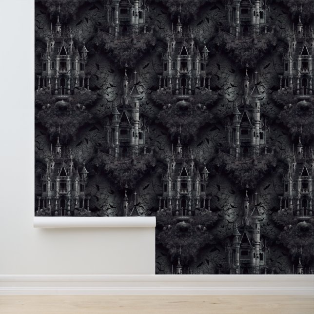 Gotische spookhuizen en vleermuizen Halloween Behang (Applicatie)