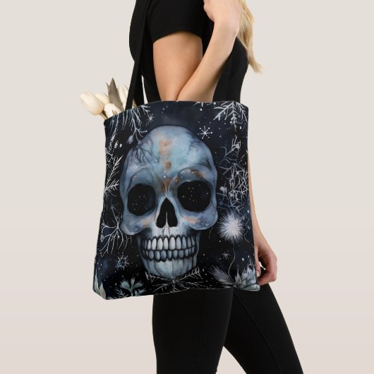 Gotische Spooky Kerstmis schedel Tote Bag (Dichtbij)