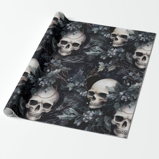 Gotische Spooky Kerstmisschedels Cadeaupapier (Uitgerold)