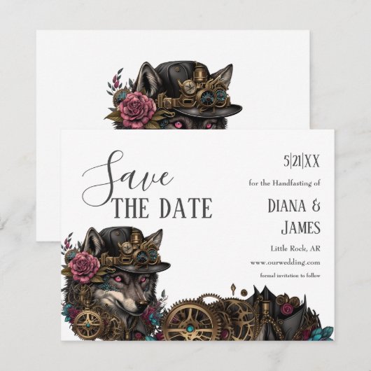 Gotische Steampum Wolf Roze Bloemen Handvasten Save The Date (Voorkant / Achterkant)