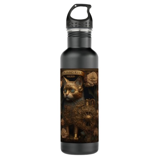 Gotische Steampunk Gouden Kat Waterfles (Voorkant)