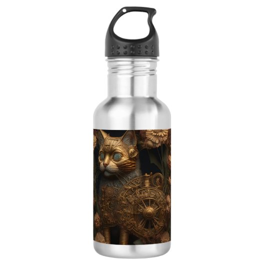 Gotische Steampunk Gouden Kat Waterfles (Voorkant)