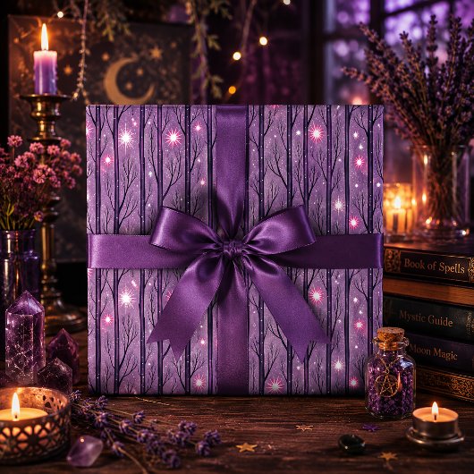 Gotische sterrenhemel bos paars cadeaupapier