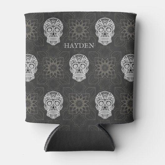 Gotische Suiker Schedel en Grijs Geometrisch Geper Blikjeskoeler (Voorkant)