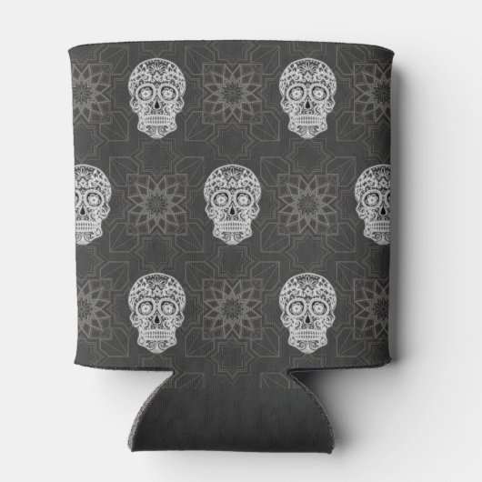 Gotische Suiker Schedel en Grijs Geometrisch Geper Blikjeskoeler (Achterkant)
