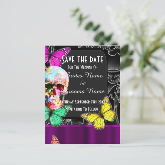 Gotische suiker schedel en zwart redden de datum aankondigingskaart (Staand voorkant)